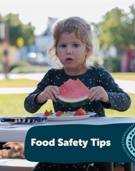 Food Safety Tips image with a child eating watermelon