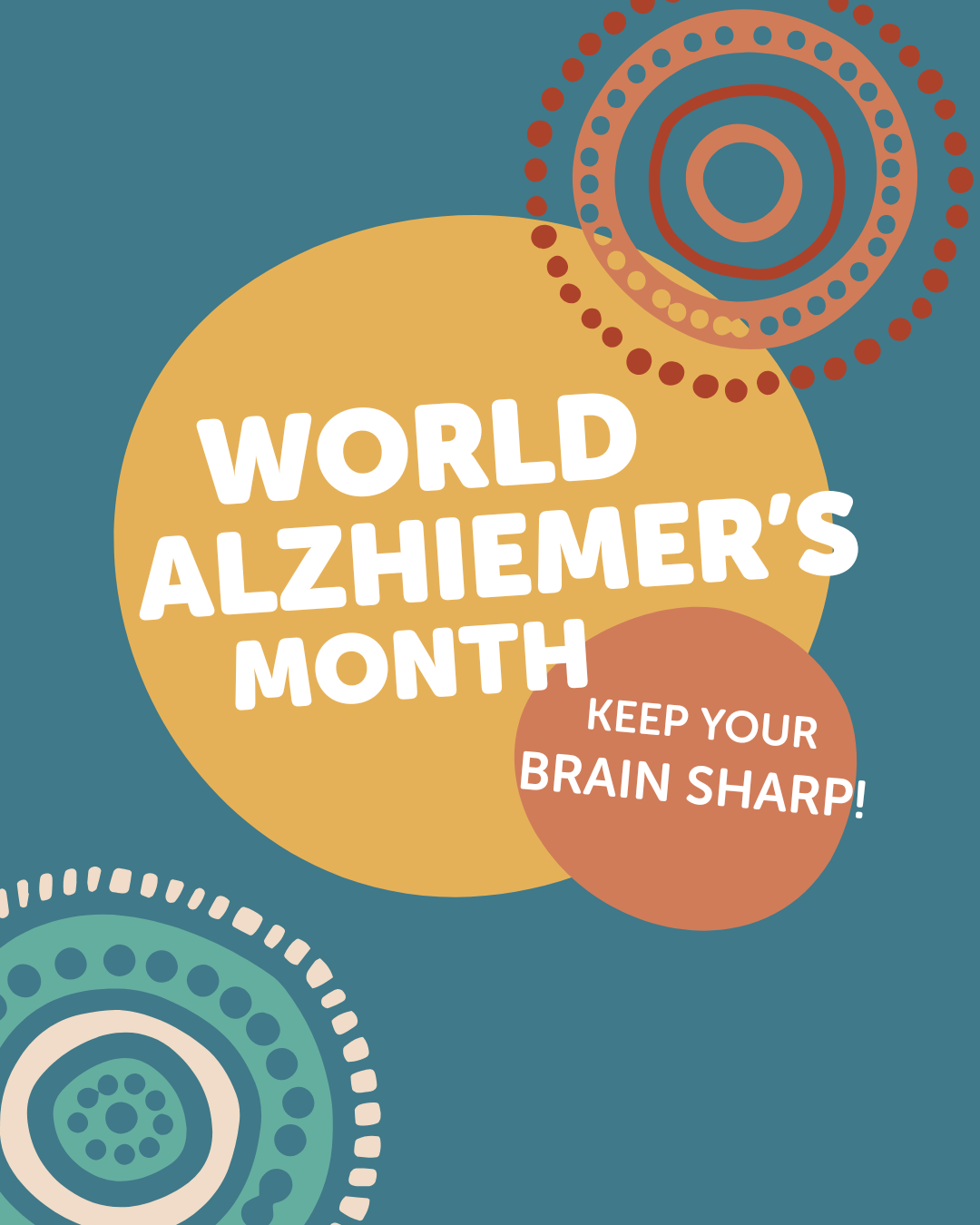 Teal background with circular patterns. A large yellow circle in the centre displays the white text 'WORLD ALZHEIMER'S MONTH.' A smaller red-orange circle overlaps it, containing the message 'KEEP YOUR BRAIN SHARP!' in white text.