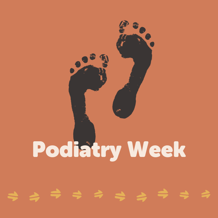 Image with black footprints graphics on an orange background with the words “Podiatry Week,” promoting Moreton ATSICHS' focus on strong, healthy steps in community.