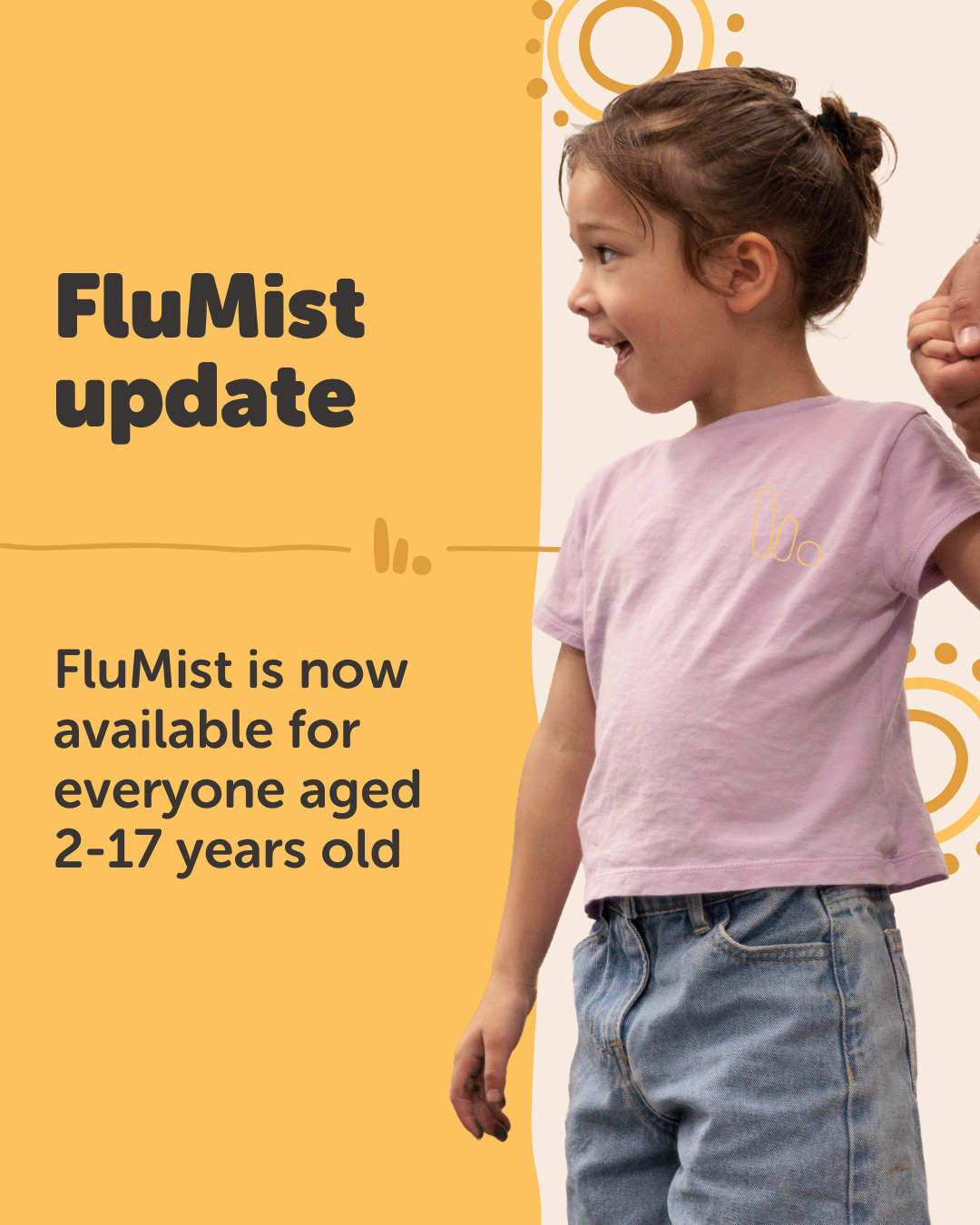 A young girl in a lavender shirt holds an adult's hand and smiles. Text on the left reads: "FluMist update."