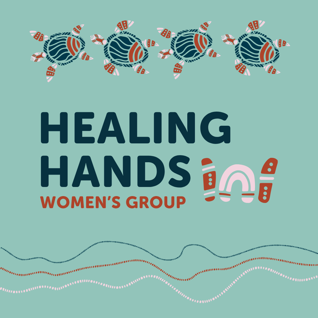 Four patterned turtles swim above the text “Healing Hands Women’s Group - September” on a teal background with wavy dotted lines and a hand-drawn hand symbol, perfectly capturing the spirit of Healing Hands.