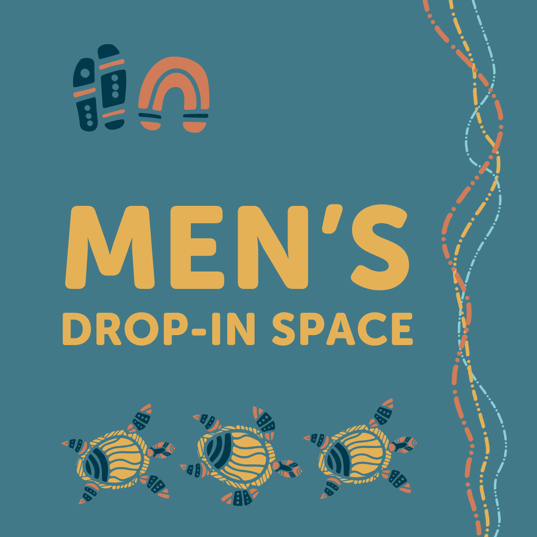 Illustration with “Moreton ATSICHS Men’s Drop-In Space - September” text, abstract shoe prints, rainbow, three stylized turtles, and wavy lines on a teal background, highlighting the welcoming vibe of this men’s group gathering.